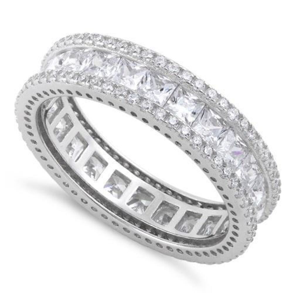 New Sterling Silver Eternity Princess Cut CZ Band Ring